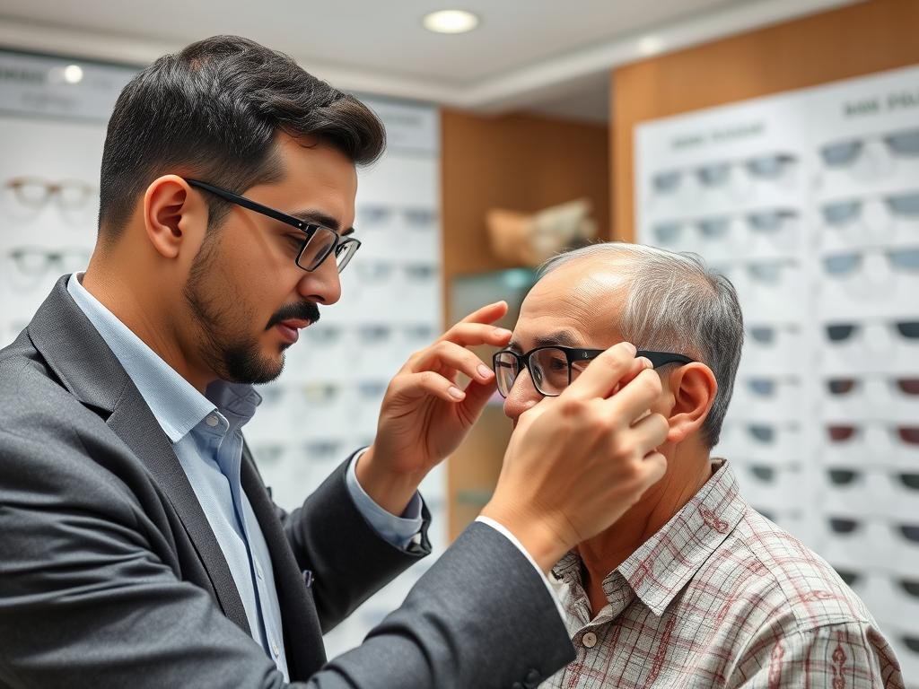 Ajustement de lunettes de vue par un opticien