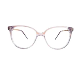 Gros plan sur des lunettes œil de chat transparentes, finition brillante, branches fines avec accent doré.