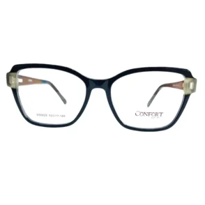 Gros plan sur lunettes rectangulaires noires brillantes avec charnières dorées et branches fines, détails visibles.