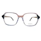 Gros plan sur la monture de lunettes rectangulaires transparentes avec coins noirs accentués et finition brillante.