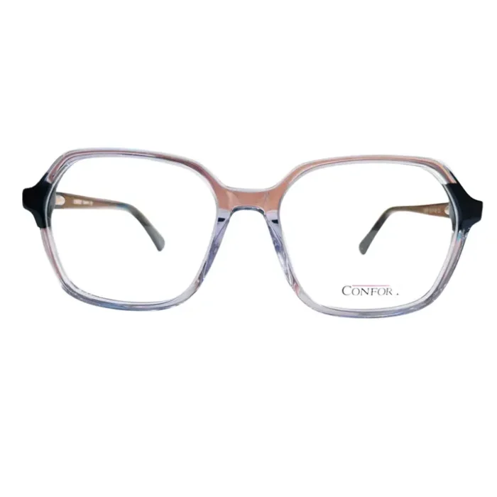 Gros plan sur la monture de lunettes rectangulaires transparentes avec coins noirs accentués et finition brillante.