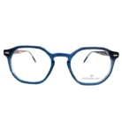 Lunettes rectangulaires bleu transparent en plastique brillant, épaisseur moyenne, détails transparents, style élégant moderne.