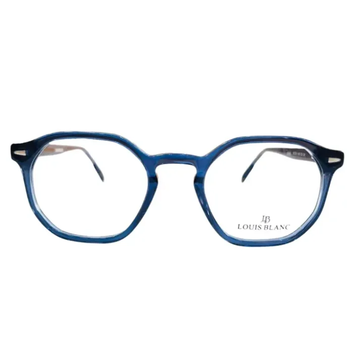 Lunettes rectangulaires bleu transparent en plastique brillant, épaisseur moyenne, détails transparents, style élégant moderne.