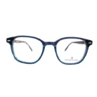 Vue multi-angles de lunettes clips homme bleues rectangulaires, verres transparents et détails dorés aux coins.
