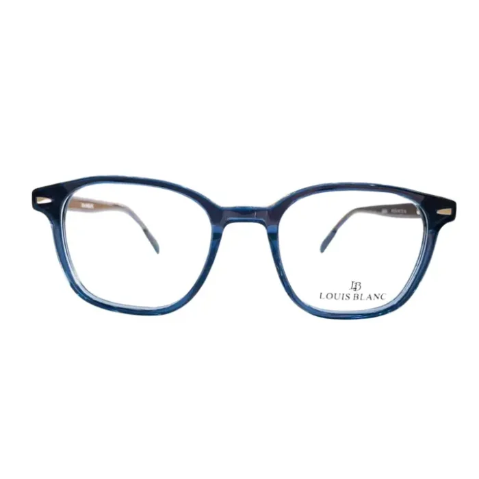 Vue multi-angles de lunettes clips homme bleues rectangulaires, verres transparents et détails dorés aux coins.