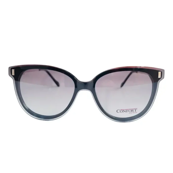 Présentation de lunettes clips œil de chat noires avec branches écaille, éléments métalliques aux coins, vues multiples.