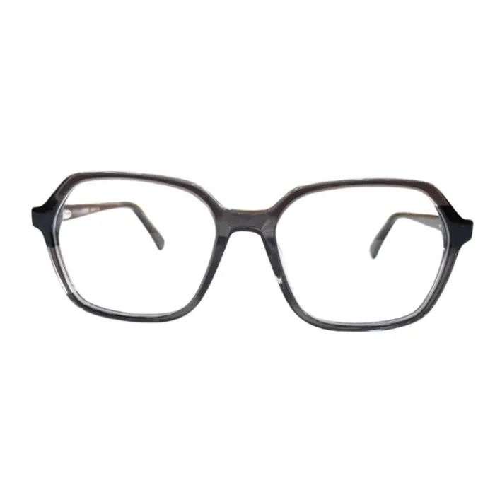 Présentation de lunettes clips rectangulaires noir transparent, monture angulaire brillante avec branches fines et épaisseur moyenne.