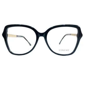 Vue de face de lunettes de soleil œil de chat noires, finition brillante, avec détails dorés texturés sur les branches.