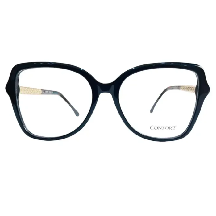 Vue de face de lunettes de soleil œil de chat noires, finition brillante, avec détails dorés texturés sur les branches.