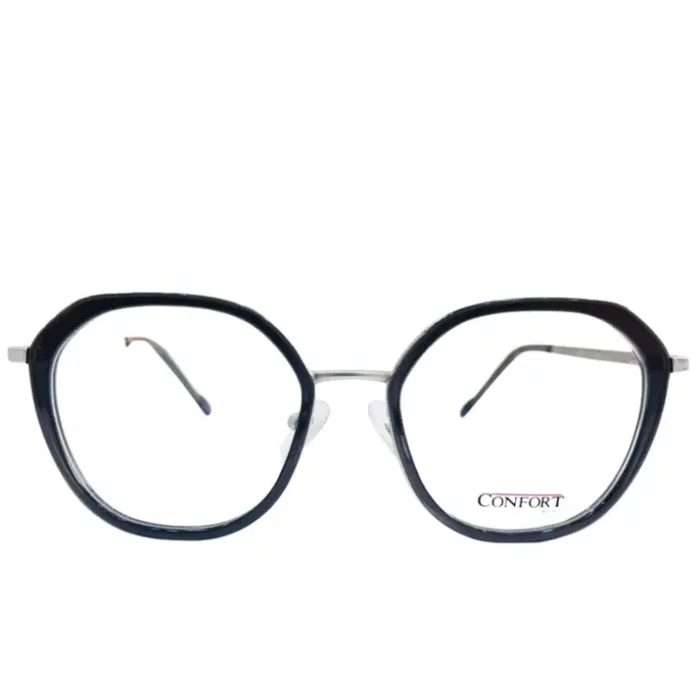 Lunettes de vue œil de chat noires avec branches fines métalliques argentées et pont fin, style élégant.