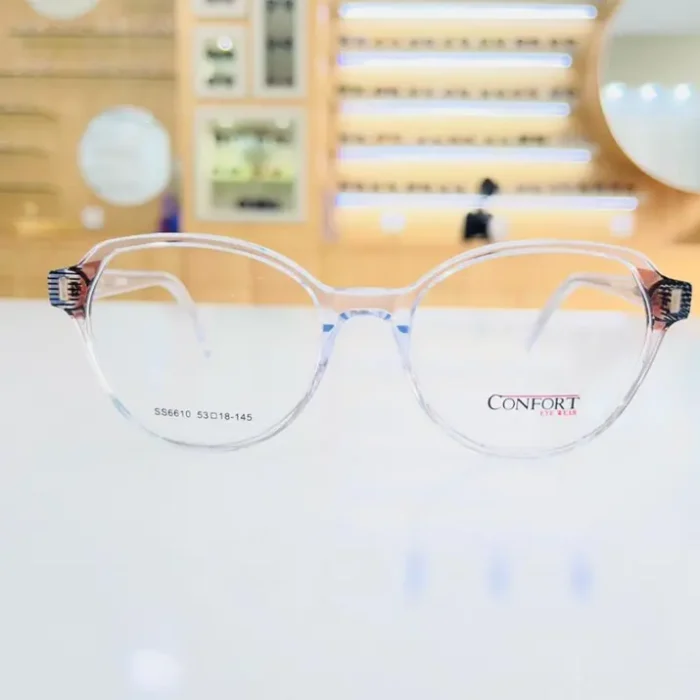 Lunettes de vue transparentes à monture ronde fine, finition brillante, branches avec embouts contrastés noir et marron.