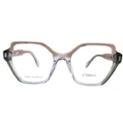 Lunettes géométriques transparentes à finition brillante avec détails gris et embouts de branches sombres, vue multi-angles.