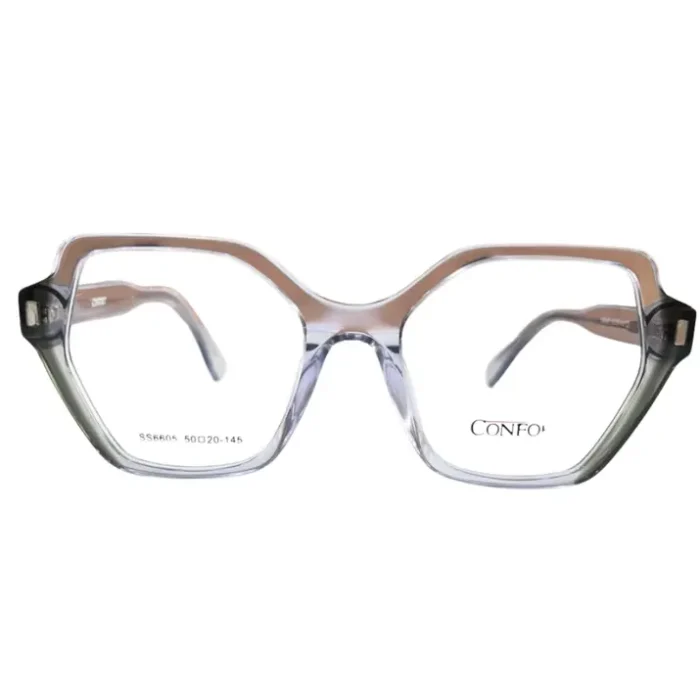 Lunettes géométriques transparentes à finition brillante avec détails gris et embouts de branches sombres, vue multi-angles.