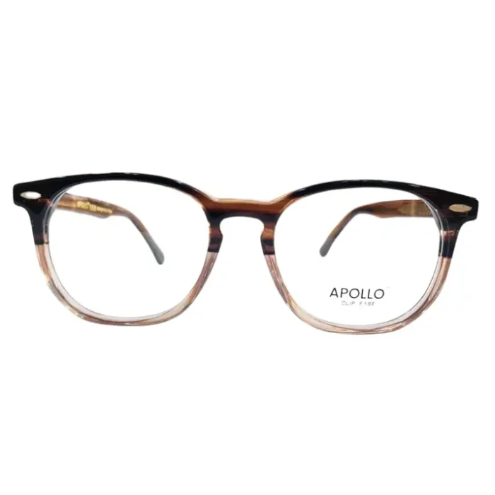Lunettes homme marron rectangulaires en plastique, effet translucide et branches avec accents dorés, vues multiples.