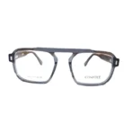 Lunettes homme rectangulaires gris et noir montrées sous plusieurs angles, monture épaisse avec éléments géométriques et branches droites.