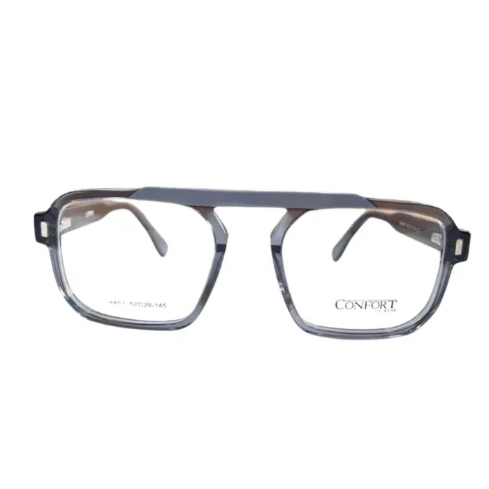 Lunettes homme rectangulaires gris et noir montrées sous plusieurs angles, monture épaisse avec éléments géométriques et branches droites.