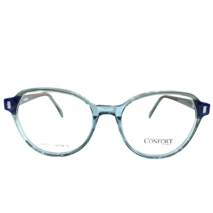 Lunettes œil de chat bleu clair et bleu foncé, monture fine plastique brillante avec détails aux coins et branches fines.