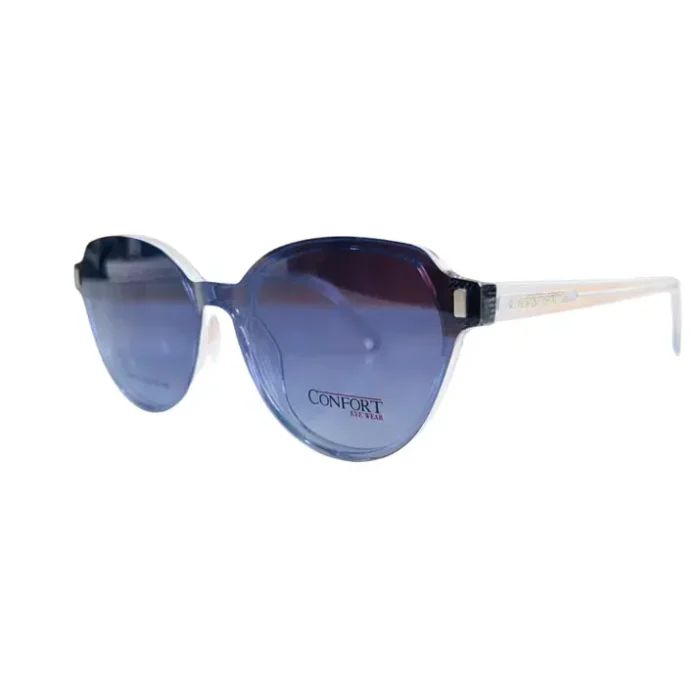 Présentation des lunettes œil de chat bleues, monture fine, branches transparentes avec détails dorés, finition plastique brillante.