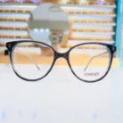 Vue de face de lunettes œil de chat noires à monture fine brillante, branches transparentes et charnières visibles.