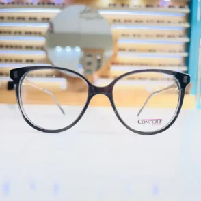 Vue de face de lunettes œil de chat noires à monture fine brillante, branches transparentes et charnières visibles.