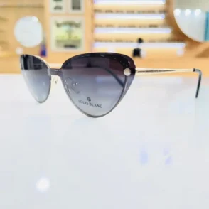 Vue de face de lunettes œil de chat noires avec branches fines dorées et embouts noirs, style chic.