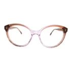 Présentation de lunettes œil de chat rose avec branches marron, monture légère et éléments transparents, vues multiples.