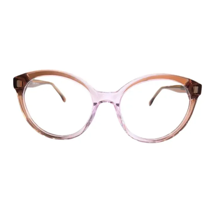 Présentation de lunettes œil de chat rose avec branches marron, monture légère et éléments transparents, vues multiples.