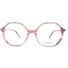 Lunettes œil de chat roses brillantes, pont délicat, branches transparentes avec motifs multicolores visibles.
