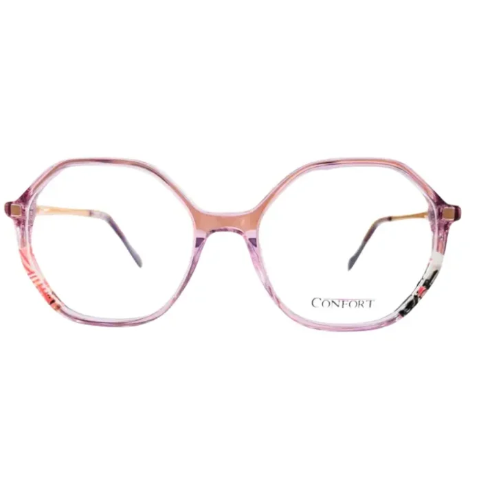 Lunettes œil de chat roses brillantes, pont délicat, branches transparentes avec motifs multicolores visibles.
