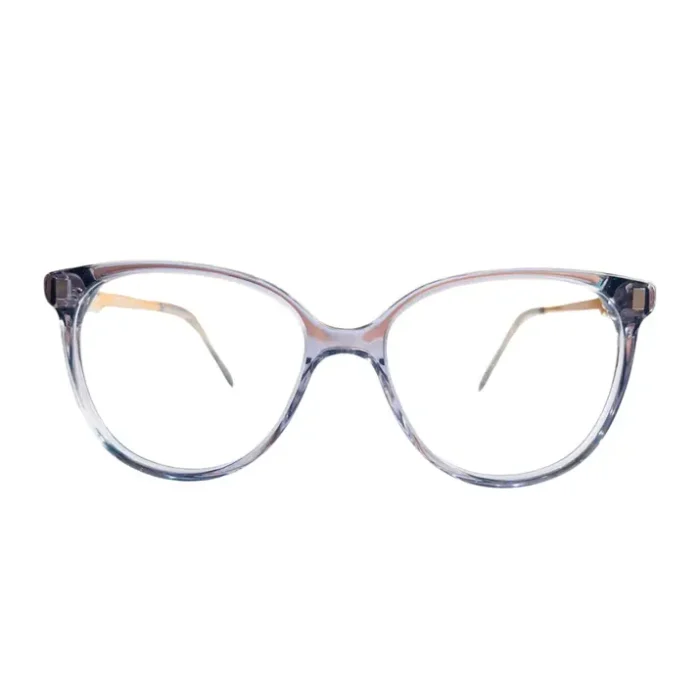 Présentation de lunettes œil de chat transparent, montrant plusieurs angles avec branches fines et pont central droit.