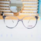 Lunettes œil de chat transparent gris portées en situation, style sobre, branches fines et finition brillante.