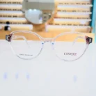 Vue de face de lunettes œil de chat transparentes, branches gris foncé/noir fines et brillantes, style chic femme.