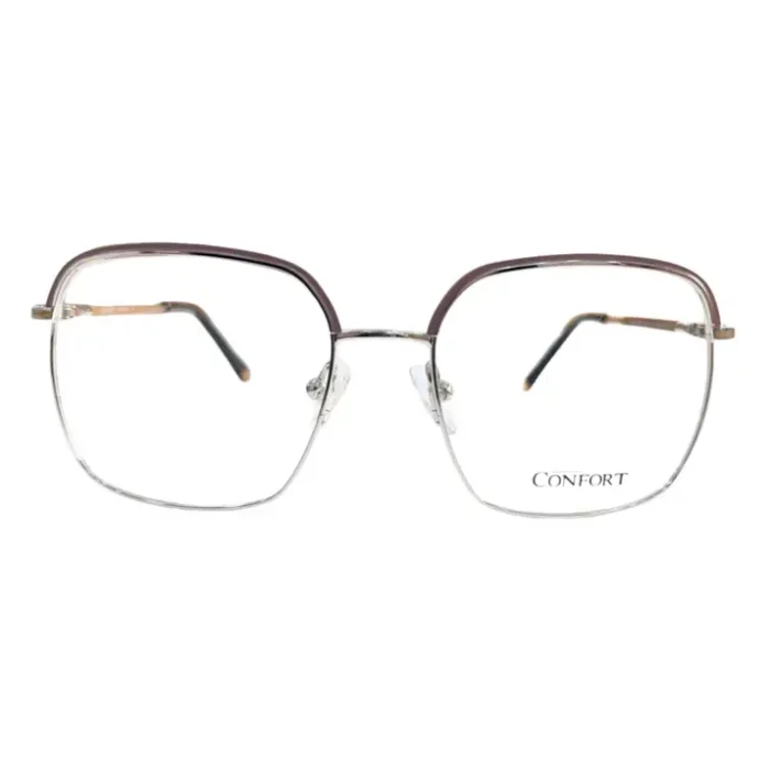 Lunettes rectangulaires transparentes avec accents bruns et éléments en métal, monture fine et branches légères, plusieurs angles.