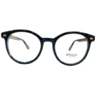 Lunettes rondes noires en plastique brillant avec branches fines et détails dorés, montrées sous plusieurs angles.