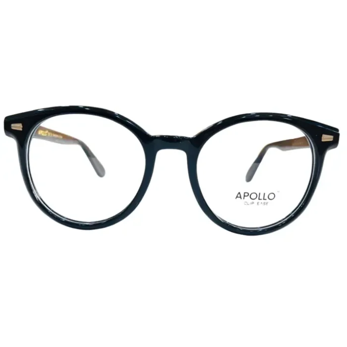 Lunettes rondes noires en plastique brillant avec branches fines et détails dorés, montrées sous plusieurs angles.