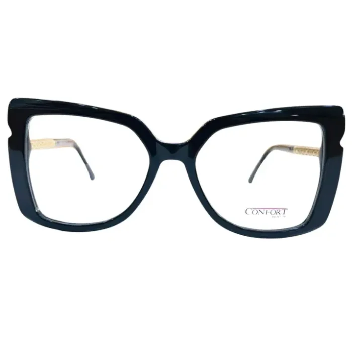 Présentation de lunettes œil de chat noires avec branches dorées ornées, montrées sous plusieurs angles pour voir la forme et l’épaisseur.