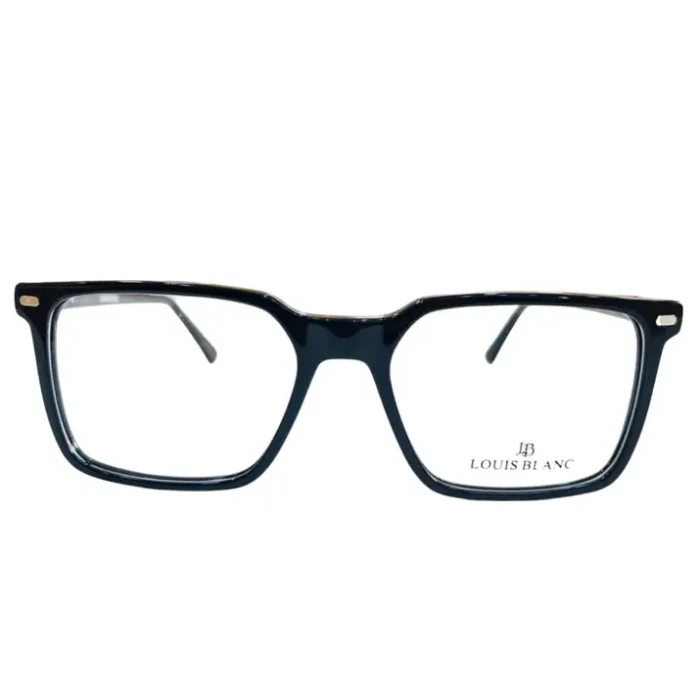 Monture de lunettes rectangulaires noires épaisses, branches droites et détails métalliques au coin, style intemporel.