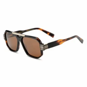 Acheter des lunettes de soleil : monture marron foncé avec accents dorés, branches rayées blanches et verres rectangulaires teintés.
