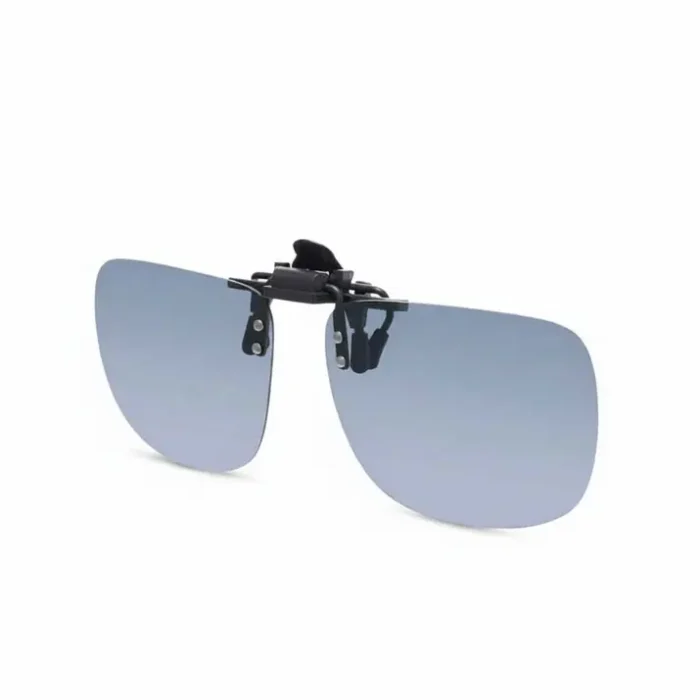 Clip lunettes de soleil à fixer sur lunettes de vue, verres rectangulaires teintés bleu dégradé avec pince à ressort.