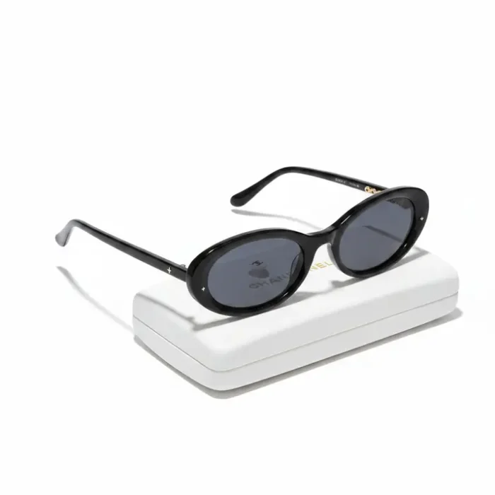 Des lunettes de soleil noires à monture ovale allongée avec verres teintés foncés et branches légèrement courbées.