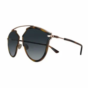 Dior lunette de soleil à monture marron et dorée, forme géométrique anguleuse, verres dégradés et plaquettes ajustables.