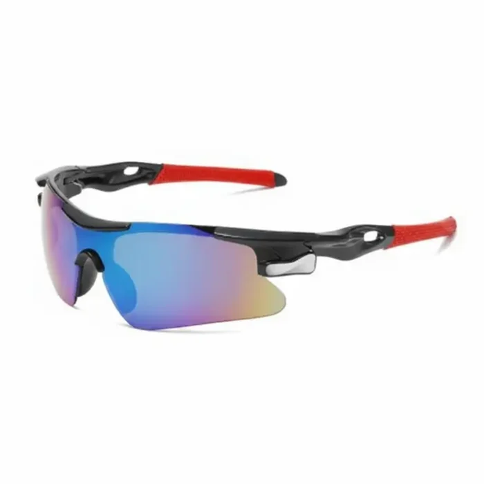 Jumia lunette de soleil sportive à monture noire, embouts rouges texturés et verres enveloppants irisés anti-éblouissement.