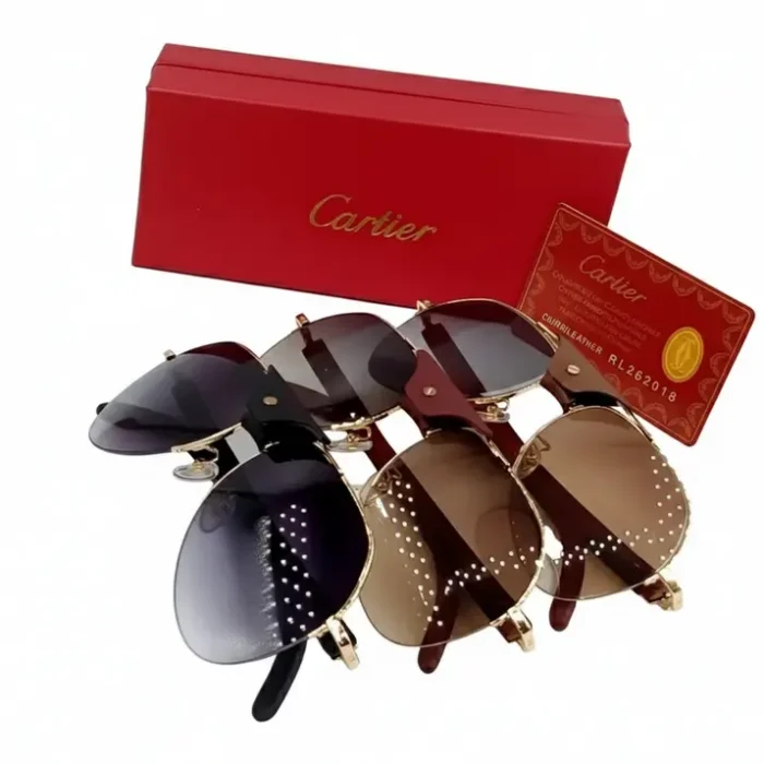 Collection de Lunette de soleil Cartier prix avec montures dorées, verres ovales teintés et boîte rouge de luxe.
