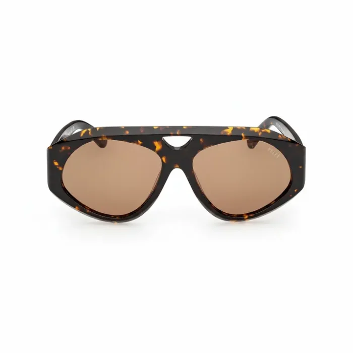 Lunette de soleil Emilio Pucci à monture épaisse écaille de tortue marron, verres marron asymétriques avec logo Pucci.