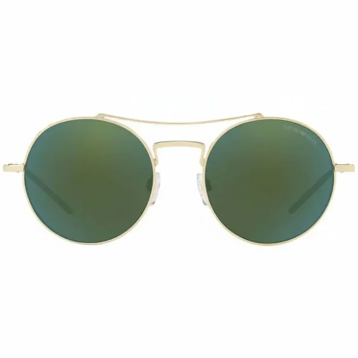 Lunette de soleil Emporio Armani homme ronde, monture fine dorée à double pont et verres teintés sombres, vue de face.