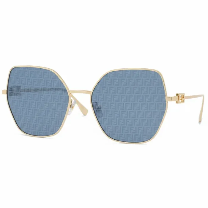 Lunette de soleil Fendi à monture métal doré fine, verres bleus hexagonaux avec motif répétitif et plaquettes nasales.