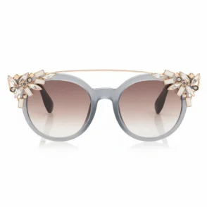 Lunette de soleil Jimmy Choo gris clair à monture ronde épaisse, verres dégradés et ornements floraux cristallins.