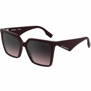 Lunette de soleil Karl Lagerfeld rectangulaire marron foncé, monture épaisse angulaire, verres dégradés, logo blanc sur branches.
