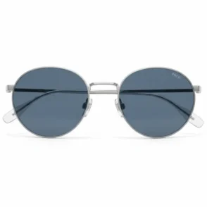 Lunette de soleil Polo Ralph Lauren homme en métal argenté, verres ronds bleu marine foncé, branches fines et plaquettes silicone.