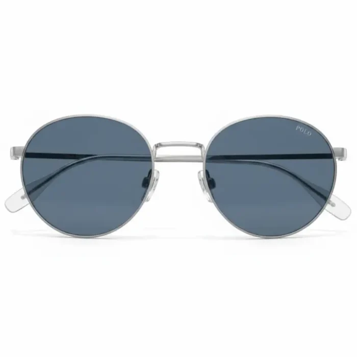 Lunette de soleil Polo Ralph Lauren homme en métal argenté, verres ronds bleu marine foncé, branches fines et plaquettes silicone.